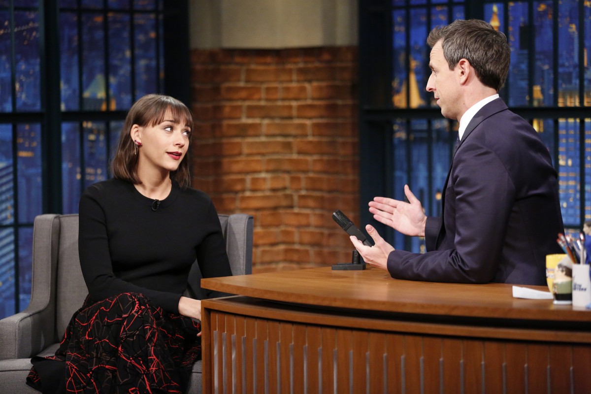 LATE NIGHT WITH SETH MEYERS -- Episode 312 -- Pictured: (l-r) Actress Rashida Jones during an interview with host Seth Meyers on January 14, 2016 -- (Photo by: Lloyd Bishop/NBC)