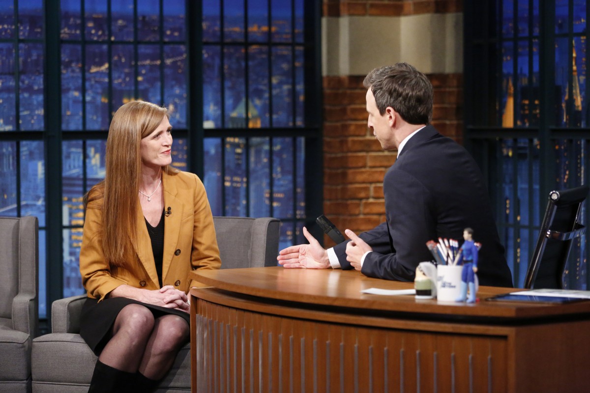 LATE NIGHT WITH SETH MEYERS -- Episode 350 -- Pictured: (l-r) United States Ambassador to the United Nations, Samantha Power, during an interview with host Seth Meyers on April 4, 2016 -- (Photo by: Lloyd Bishop/NBC)