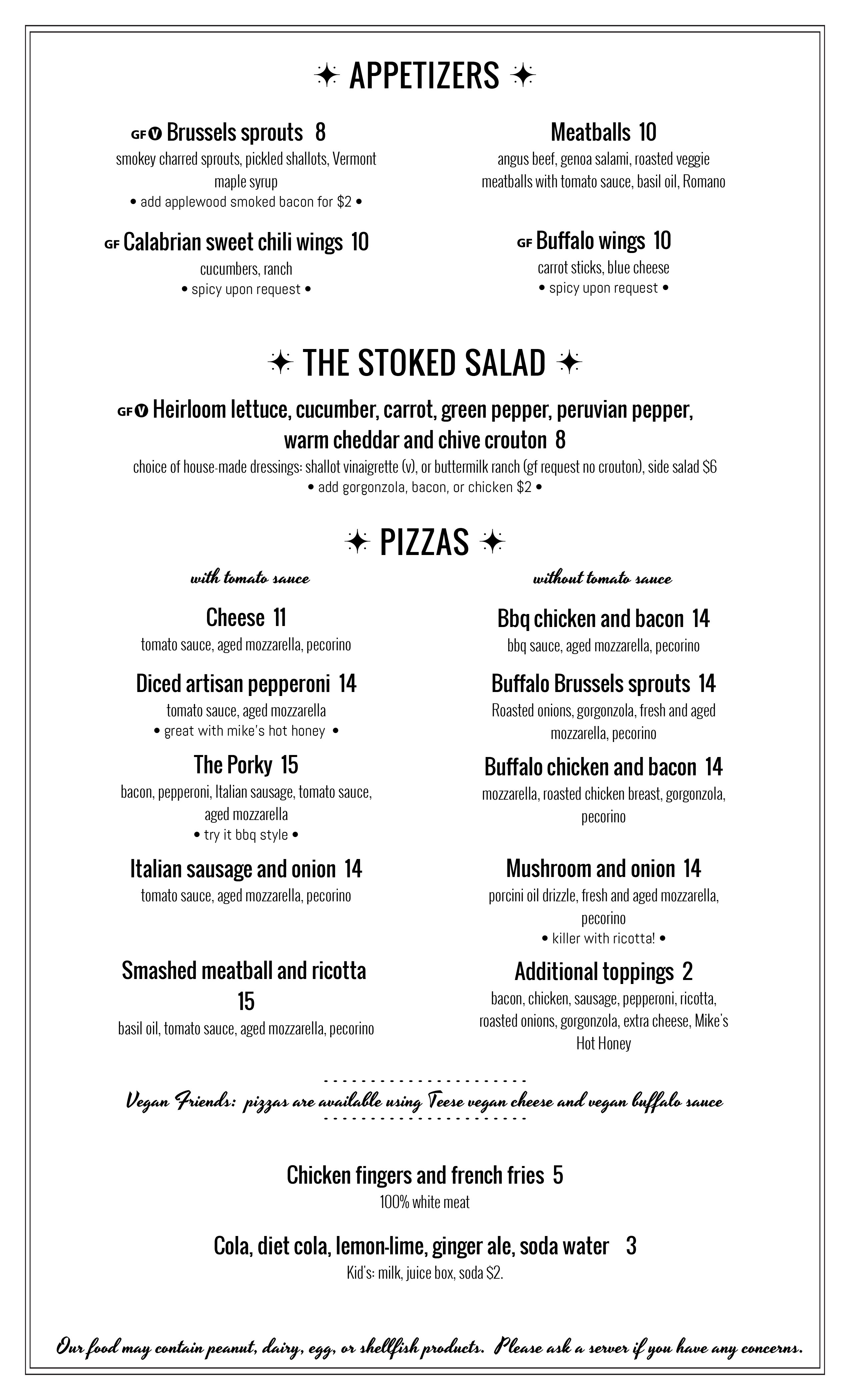 Stoked Pizza Brookline menu