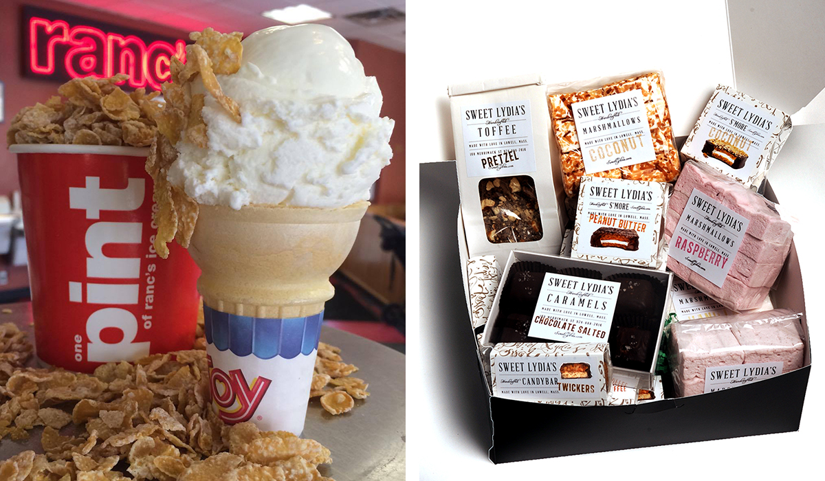 (Left) Tiger's Milk ice cream from Rancatore's, (right) a gift box of treats by Sweet Lydia's