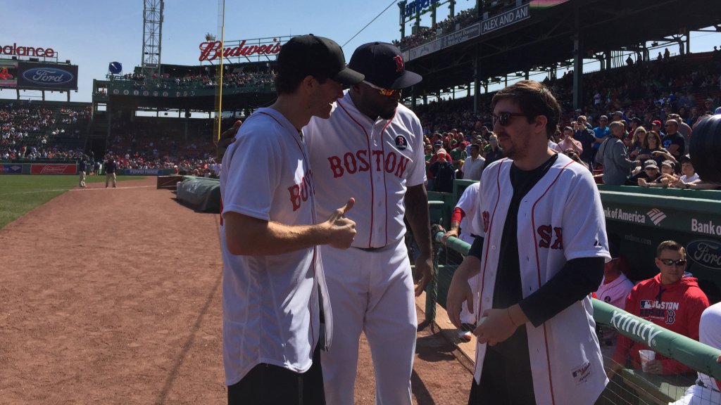 Jake Gyllenhaal, David Ortiz, and Jeff Bauman at Fenway Park Photo by Boston Red Sox via Twitter