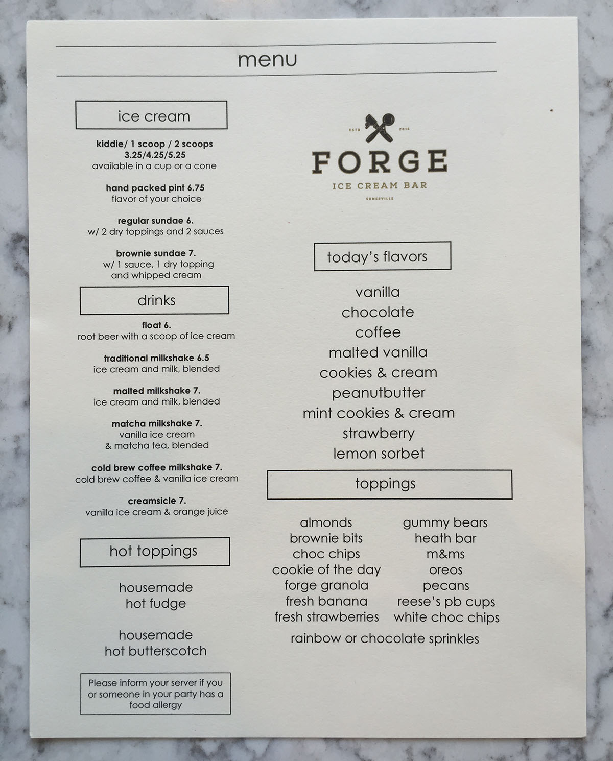 Forge Ice Cream opening menu
