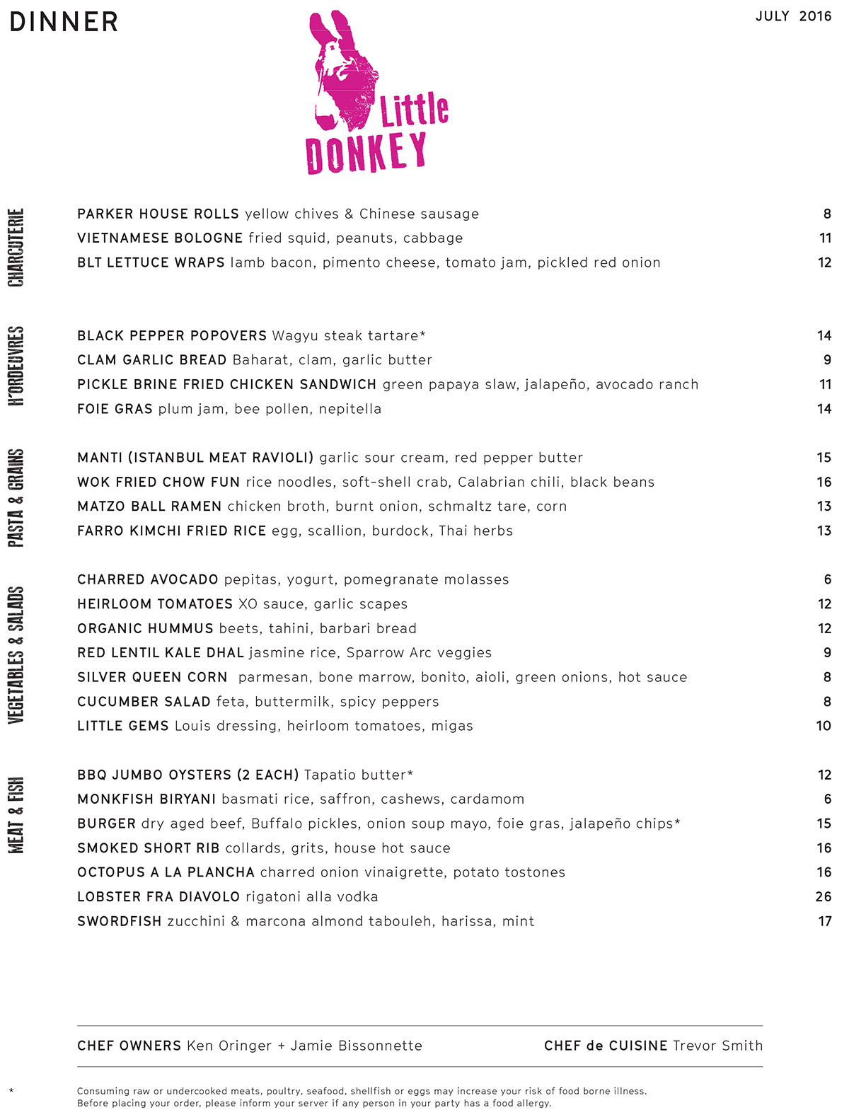 Little Donkey July 2016 dinner menu