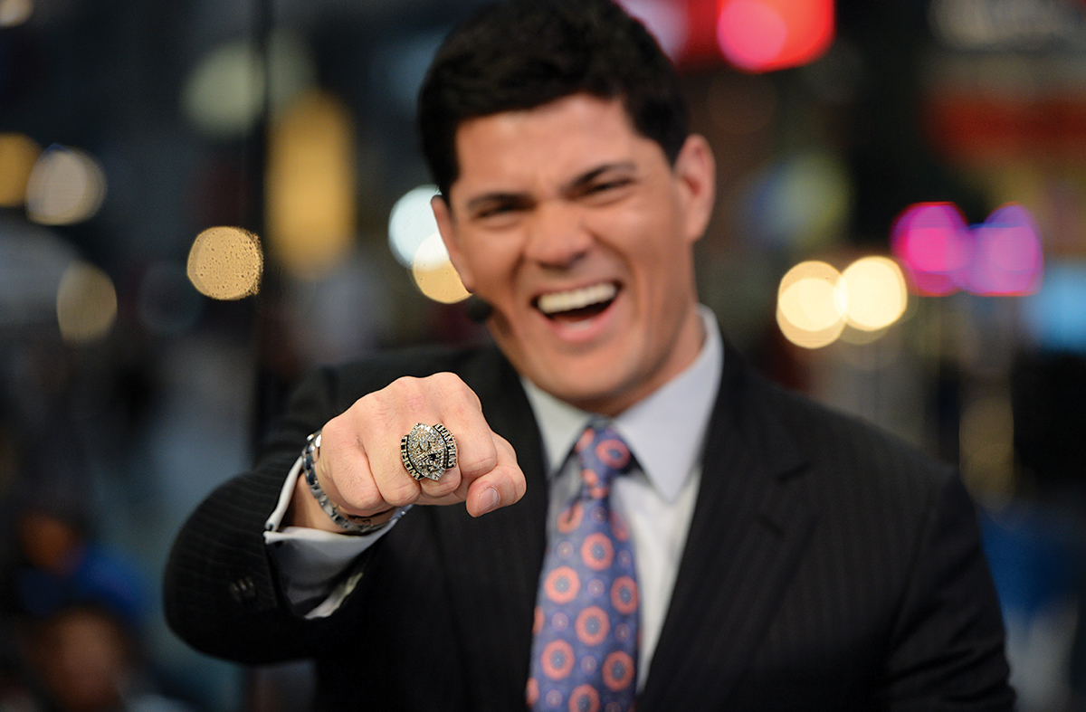  New York, NY - January 27, 2014 - Herald Square: Analyst Tedy Bruschi shows his Super Bowl ring on the set of NFL Live.(Photo by Joe Faraoni / ESPN Images)