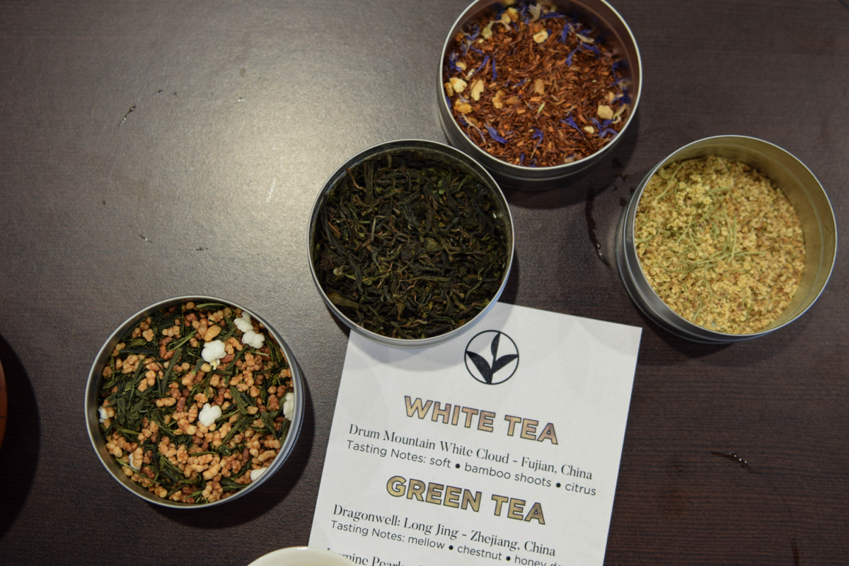 Some teas are just as appealing to look at before steeping as they are to taste. From left, a Genmai Cha, a Japanese green tea which uses toasted rice to bulk it up; A first flush Darjeeling tea from India; Decorated Rooibos, made from the South African redbush; and Karnak Elderflower. / Photo by Lloyd Mallison