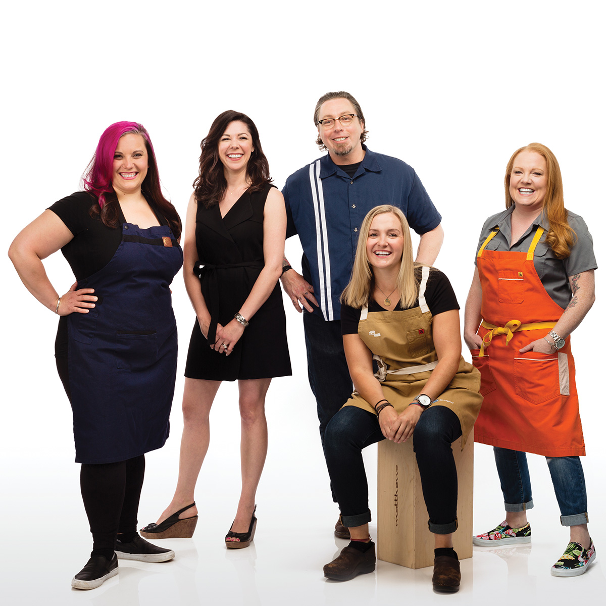 Meghan Thompson (seated) with fellow 2016 Best of Boston honorees (from left) Karen Akunowicz, Katie Gilarde, Todd Maul, and Tiffani Faison. / Photograph by Jason Grow, styling by Laura Dillon/Team for "Best of Boston 2016"