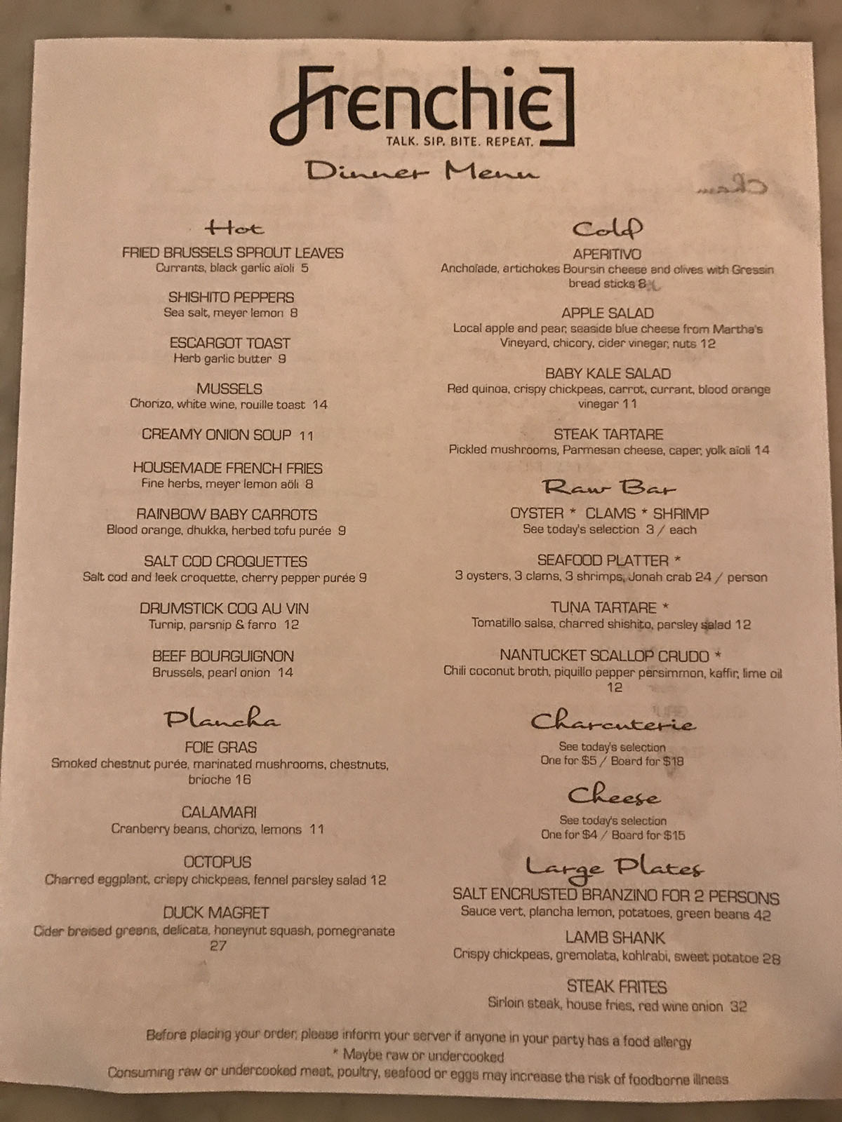 Frenchie dinner menu in Boston's south end