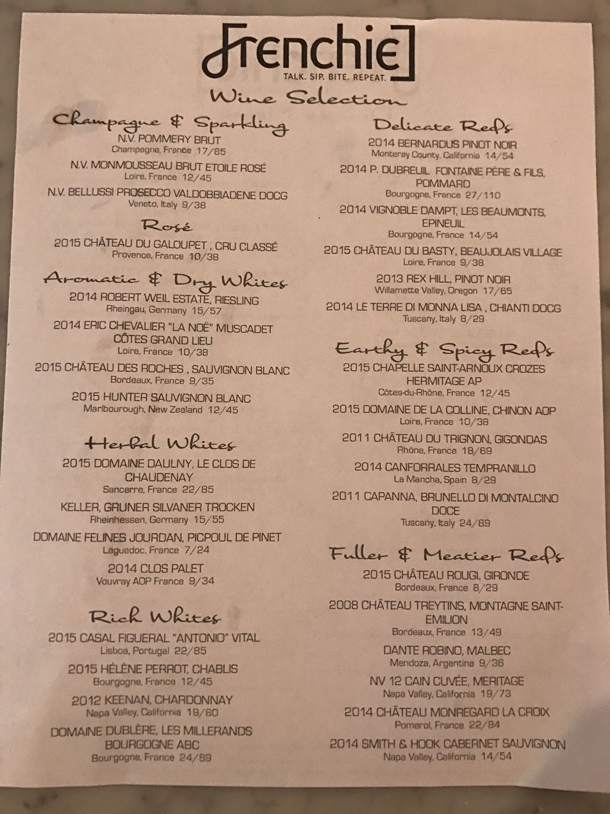 Frenchie wine list in Boston's south end