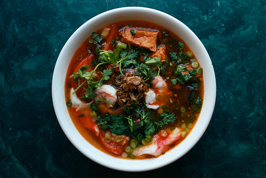 Bun rieu (vermicelli noodle soup with shrimp, scrap meat, and pork) at Anh Hong.