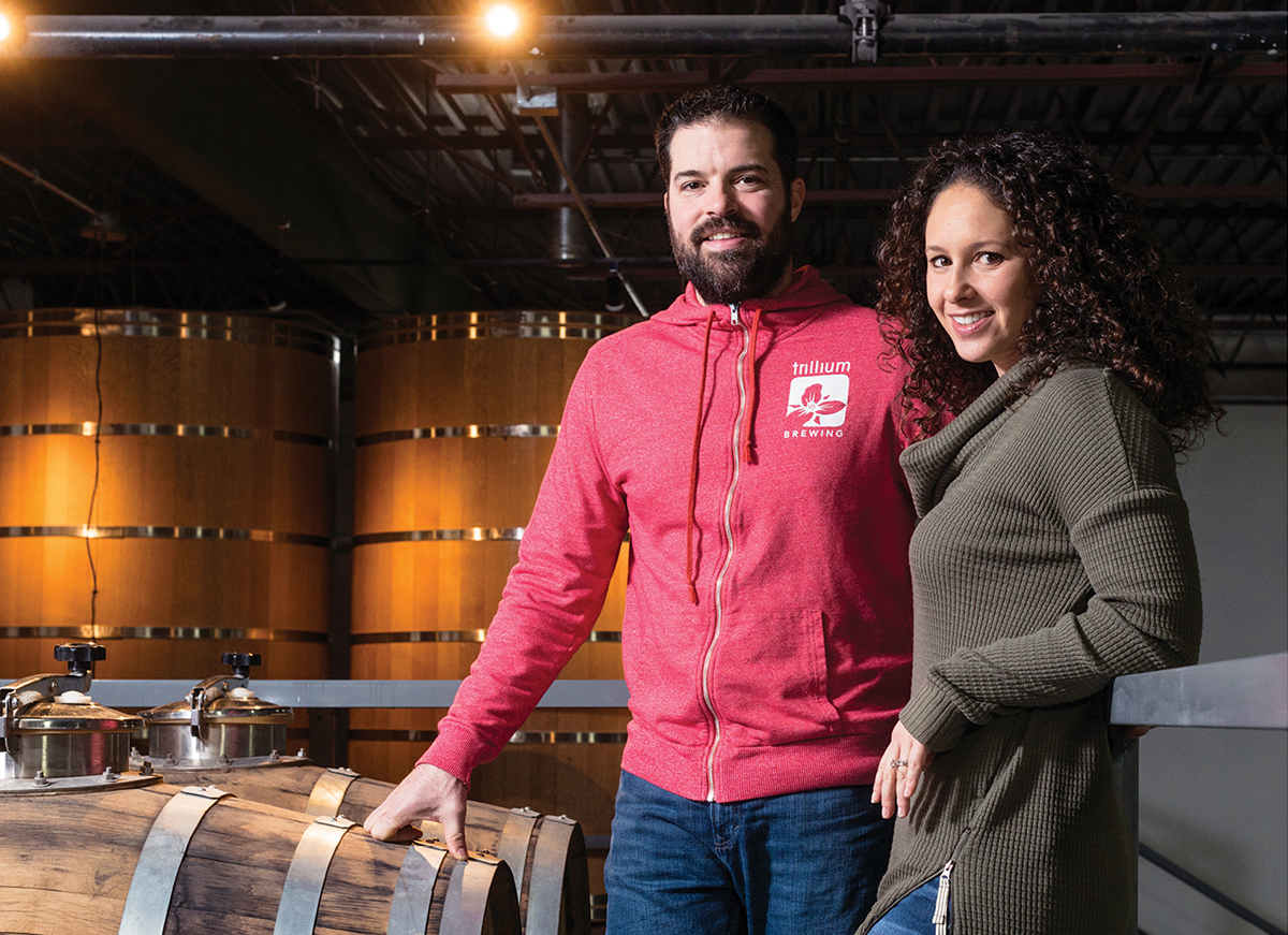 Trillium's JC and Esther Tetreault in the barreling mezzanine of the Canton brewery