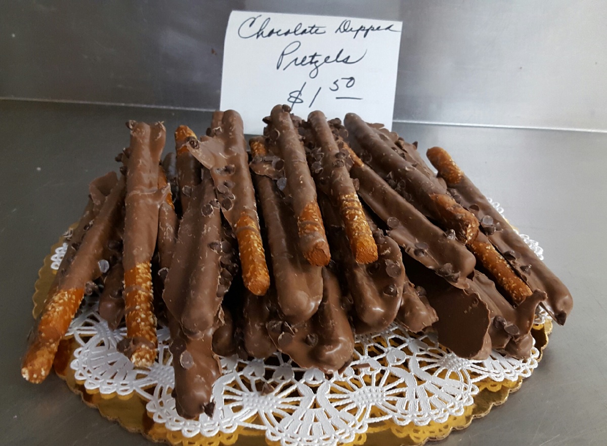 Chocolate-dipped pretzel rods at Bova's Bakery