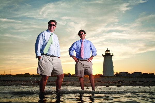 Shep (short straight hair) and Ian Murray, founders of Vineyard Vines, on the beach in Edgartown, MA, August 5, 2006.. © 2006 Shawn G. Henry • 978.590.4869 • www.shawnhenry.com.