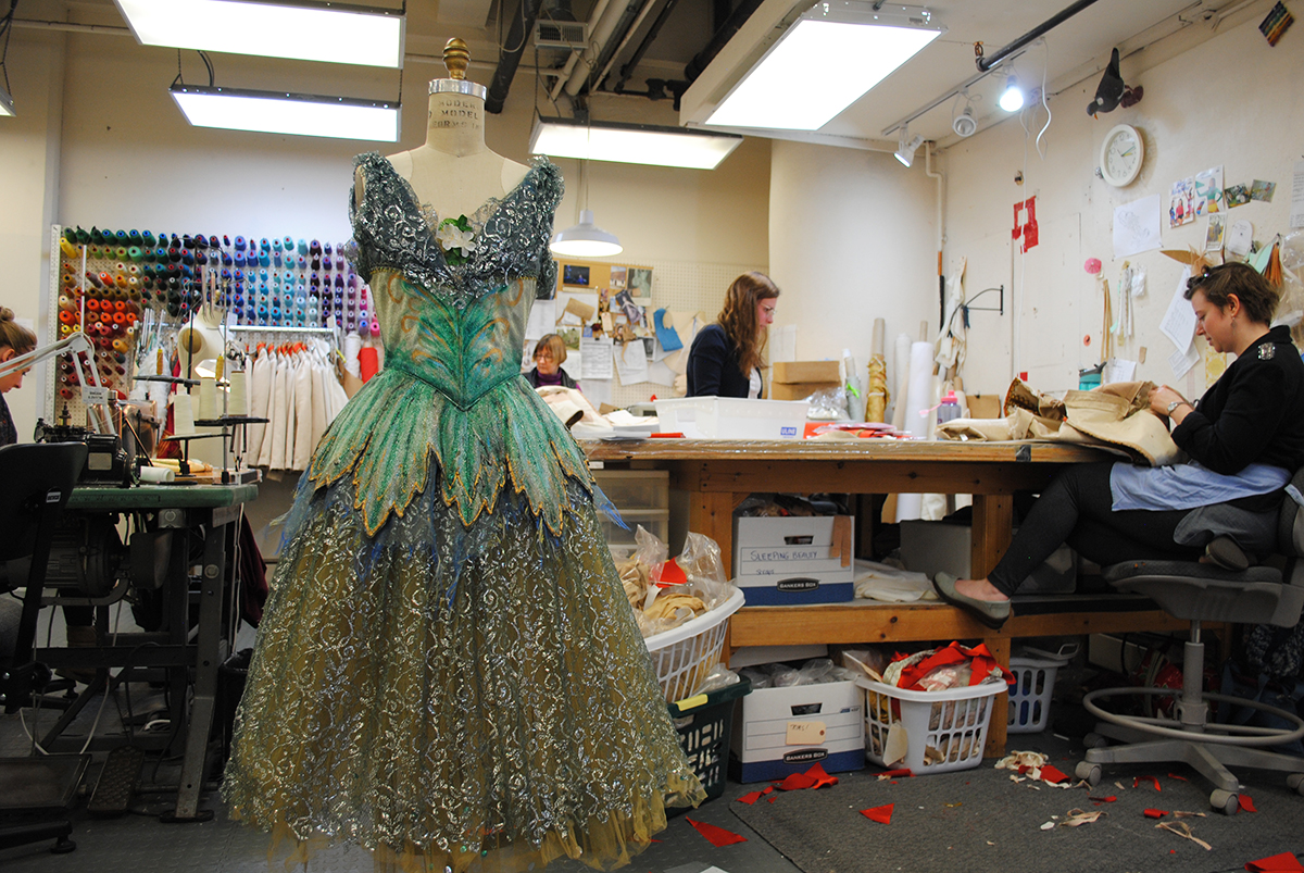 A tutu for a Vision Nymph sits on a dress form in the shop.