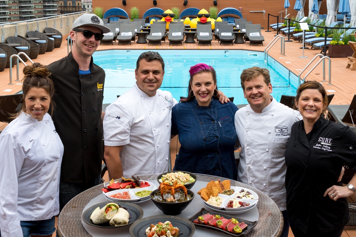 (L to R) Chefs Jen Royle, Matt Drummond, Nick Calias, Karen AKunowicz, Josh Ziskin, and Julie Cutting are making menus for this summer's RoofTop Chefs at the Colonnade Hotel