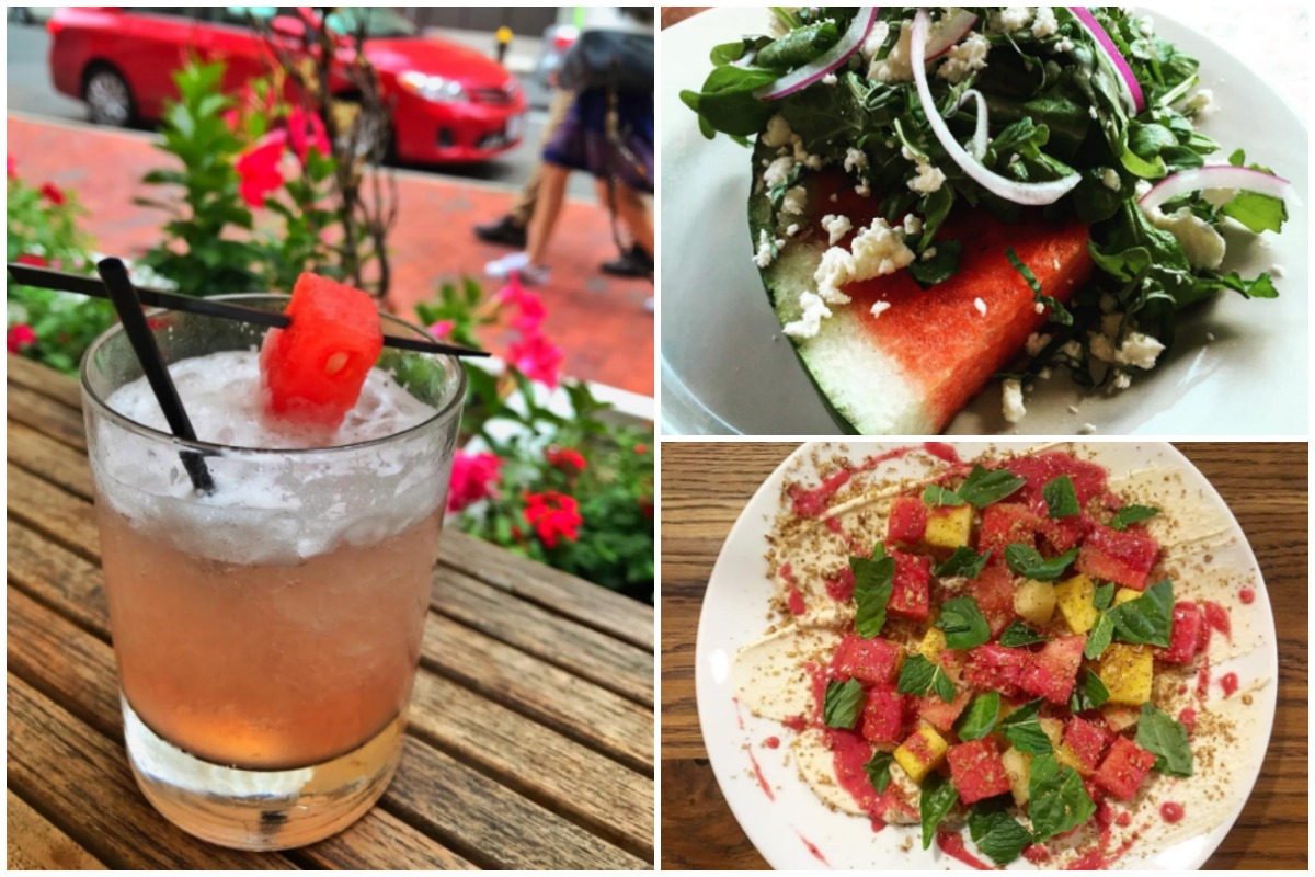 Seasonal watermelon treats (clockwise, from left) at Doretta Taverna, Tupelo, and the Maiden