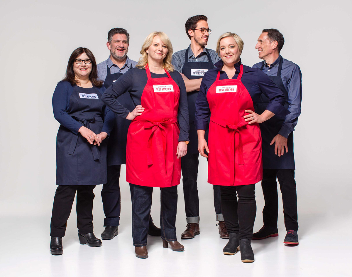 America's Test Kitchen cast members (L to R) Lisa McManus, Adam Ried, Bridget Lancaster, Dan Souza, Julia Collin Davison, and Jack Bishop