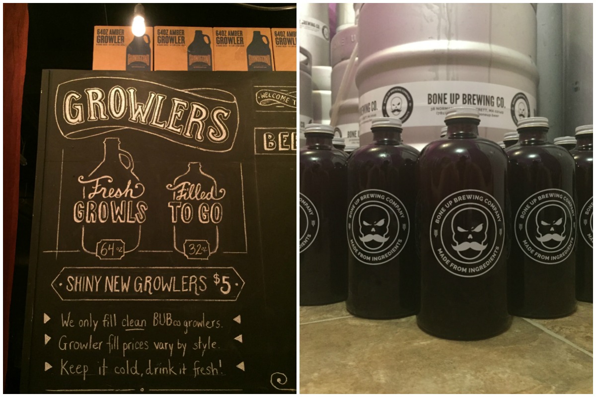 Bone Up growler signage and 32-ounce branded jugs