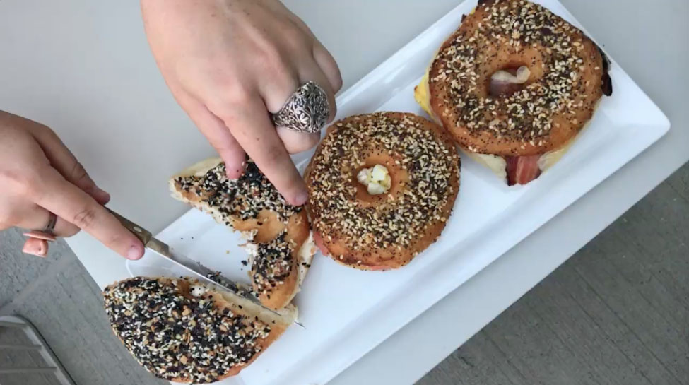 (L to R) Blackbird Doughnuts everything doughnut, Union Square Donuts everything-topped breakfast sandwiches