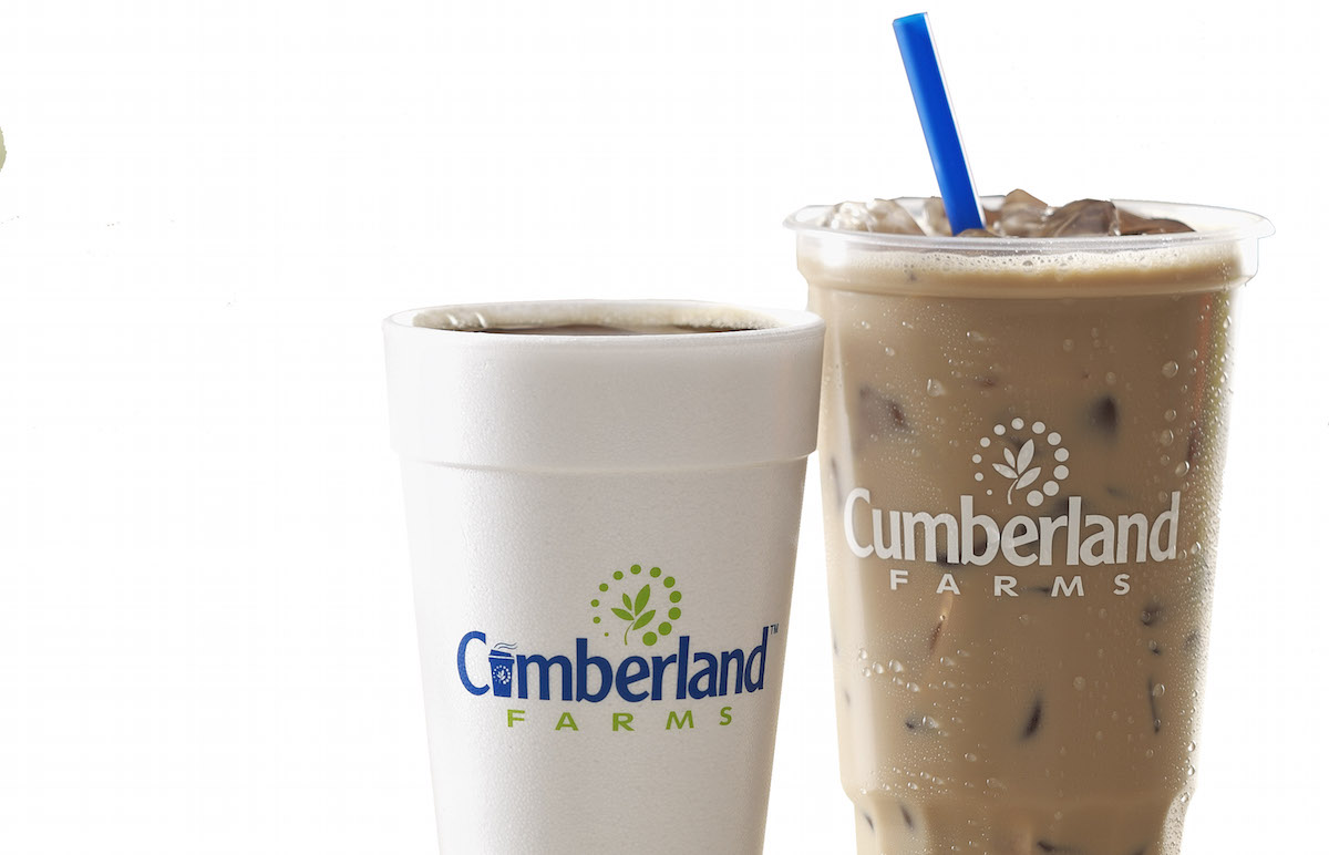 A hot coffee and an iced coffee from Cumberland Farms