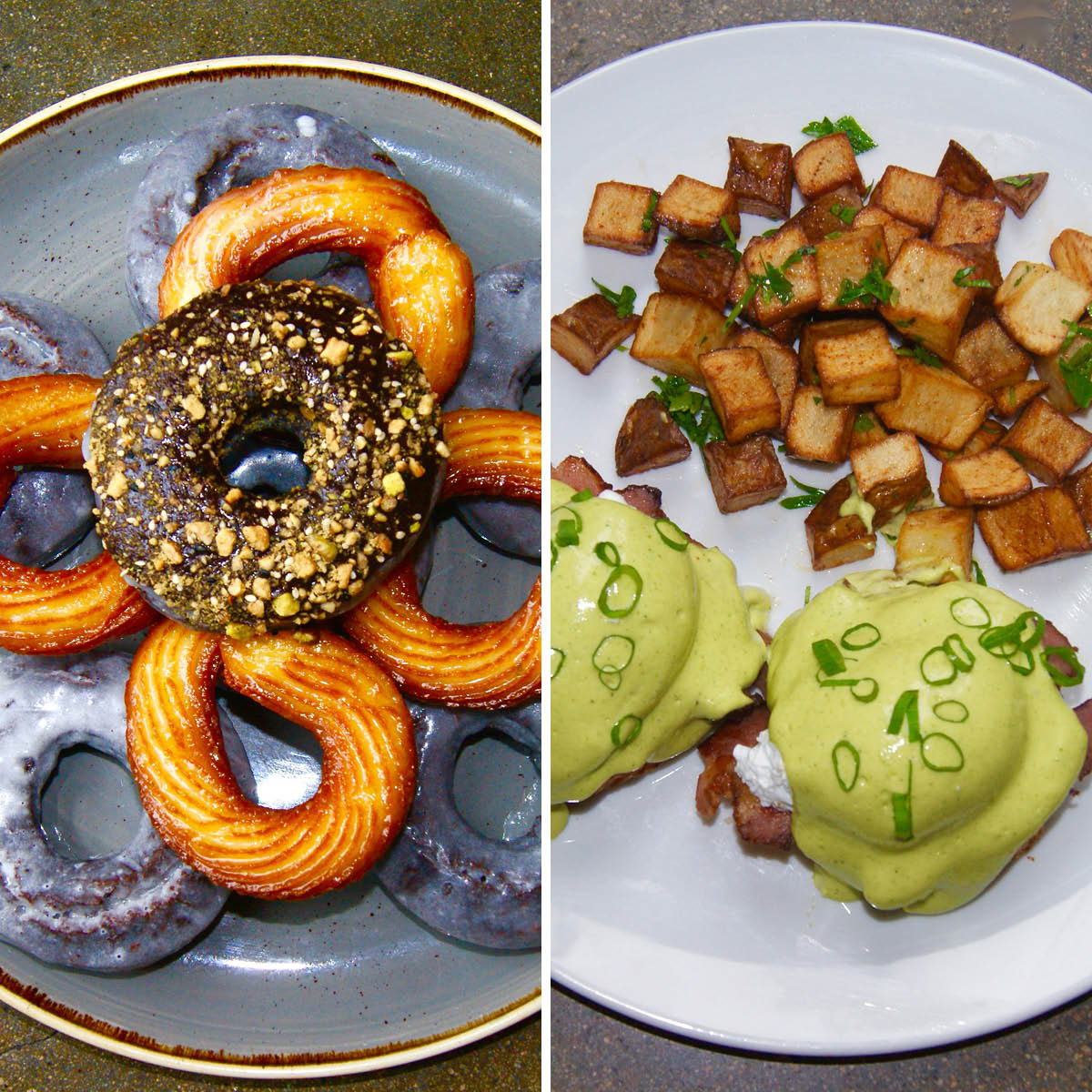 A selection of doughnuts and Green Eggs + Ham Benedict at Trade brunch