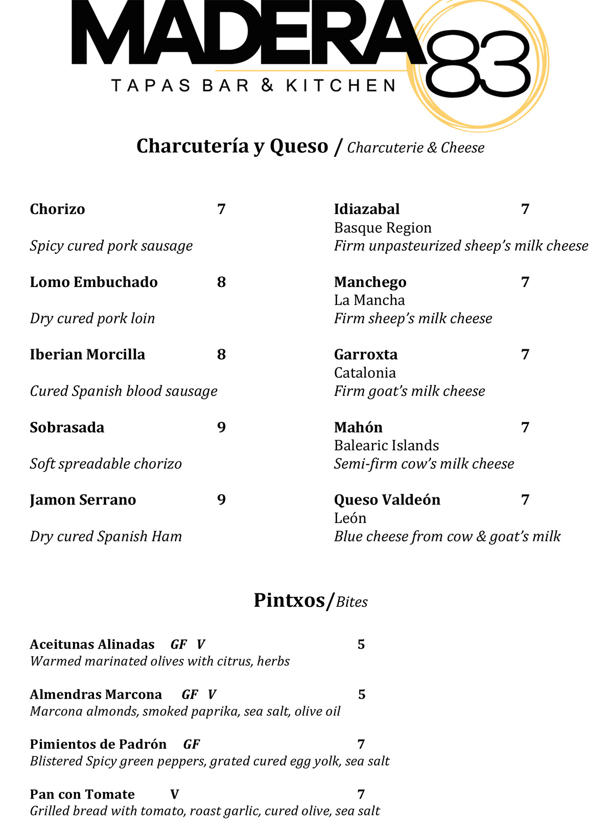 Madera 83 menu Charlestown