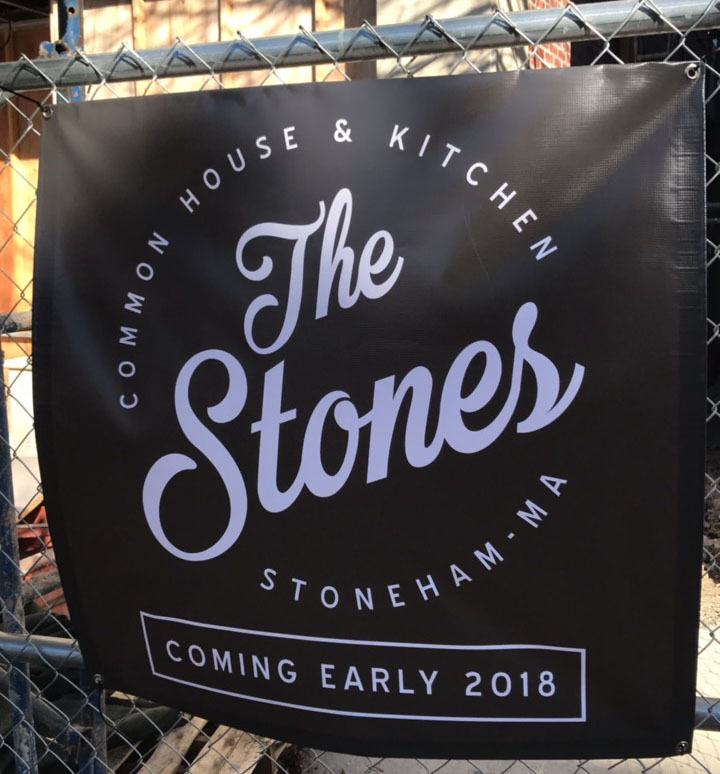 Temporary signage is up at the Stones Common House in Stoneham