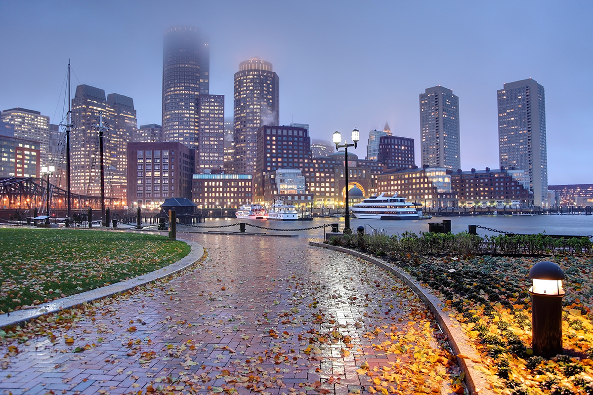 The Boston skyline engulfed in rain and fog