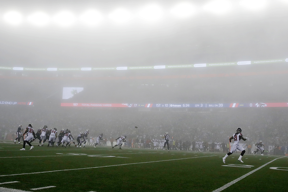Fog descends on the Patriots and Falcons at Gillette Stadium.