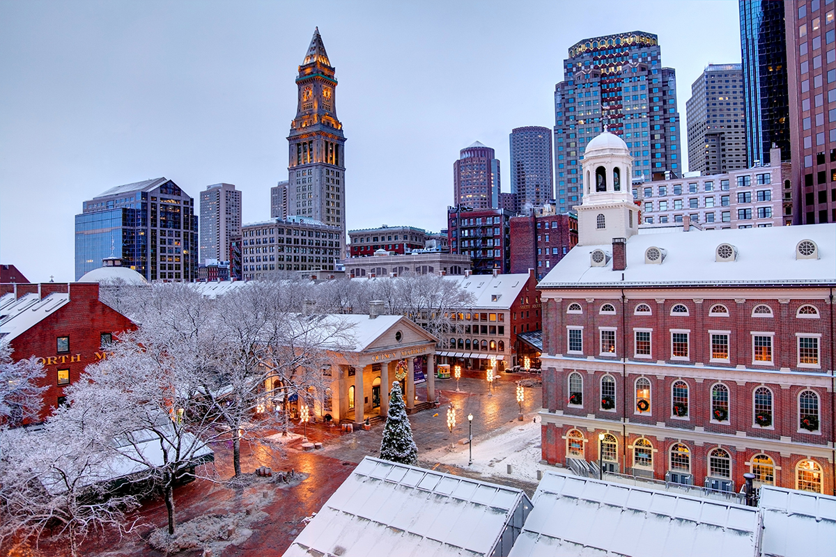 Boston at twilight covered in snow