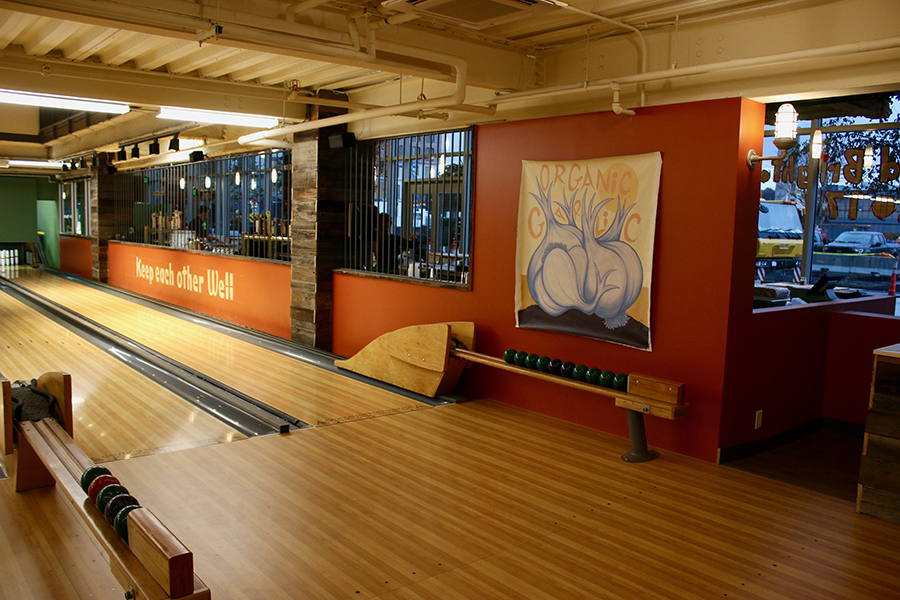 Candlepin bowling lanes at Flatbready Company at Boston Landing, Brighton