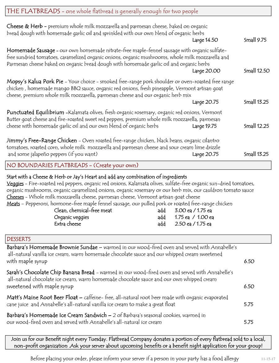 Flatbread Brighton menu