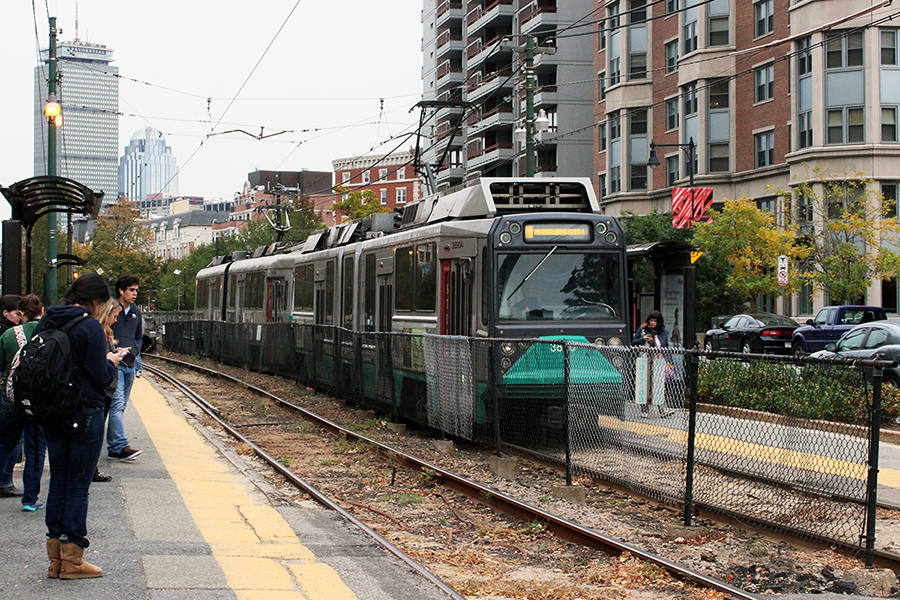 The Green Line rolls into a station