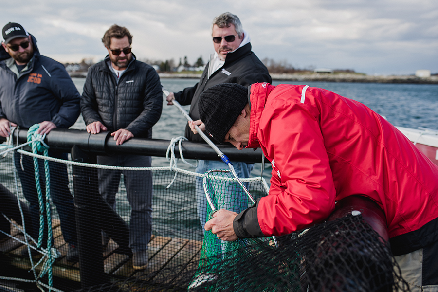 (L to R) Row 34 group purchaser Phil Peterson, UNH and N.H. Sea Grant aquaculture specialist Michael Chambers, Row 34 chef/partner Jeremy Sewall, and UNH aquaculture program manager Gunnar Ek on the floating platform of the steelhead trout farm