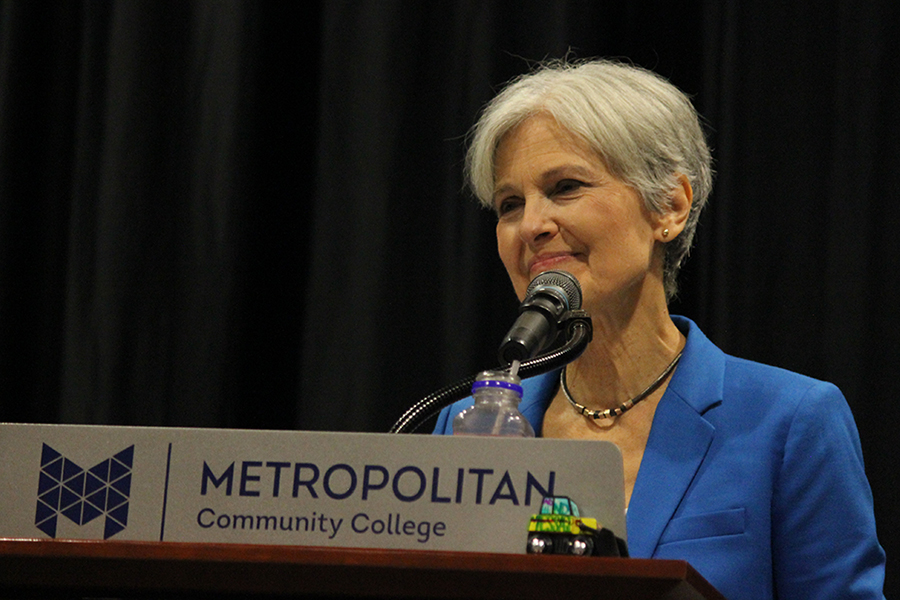 Jill Stein speaks at a lectern