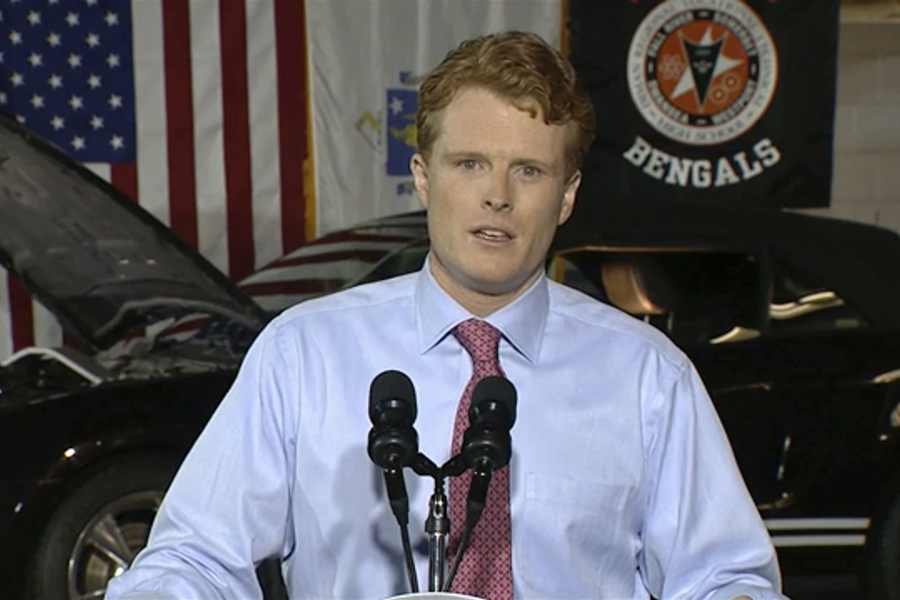 In this still image taken from video, Rep. Joe Kennedy III delivers the Democratic response to President Donald Trump's State of the Union, at Diman Regional Vocational Technical High School in Fall River, Mass., Tuesday, Jan. 30, 2018. Kennedy, 37, a three-term congressman and grandson of former Attorney General Robert F. Kennedy, outlined a Democratic vision that he said promises a "better deal for all who call this country home." (