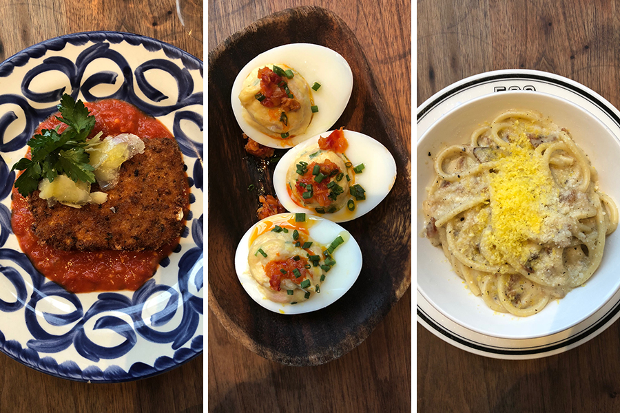 Ed’s Mozzarella, Deviled Eggs, and Bucatini Carbonara from Cinquecento's new bar menu