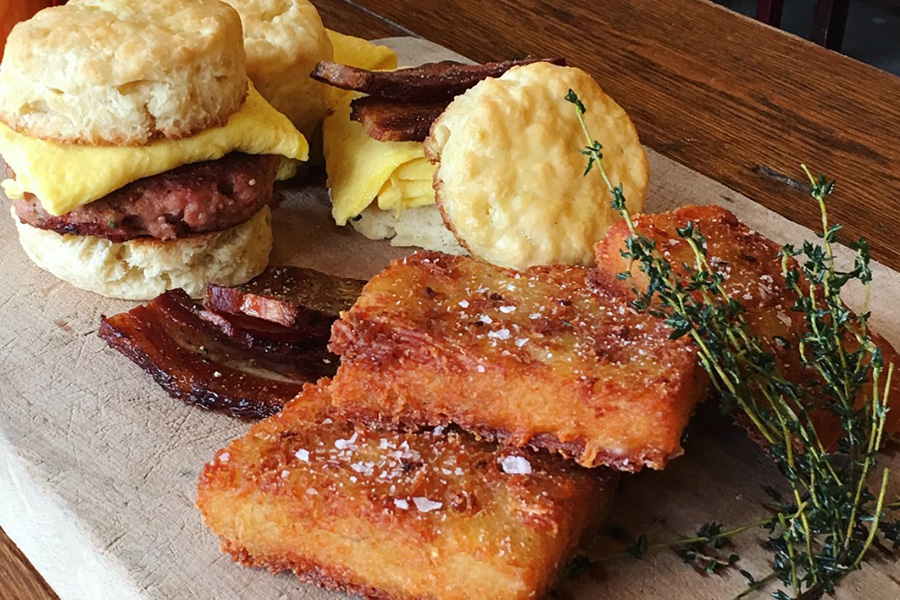 Sweet Cheeks biscuit breakfast sandwiches and hashbrowns