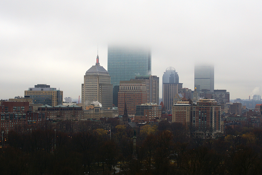 The Boston skyline on a foggy day