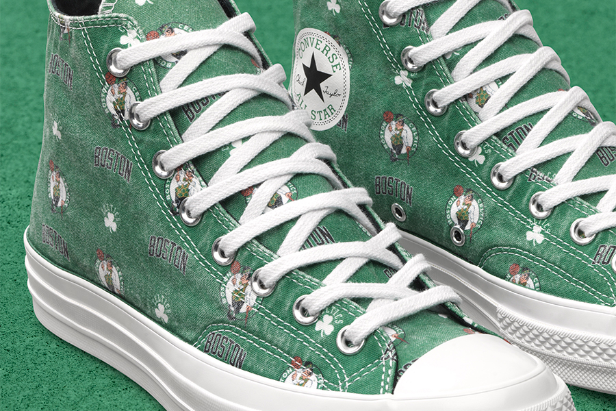 Green high top converse with 80s inspired celtics logo as the print for the new converse NBA edition converse