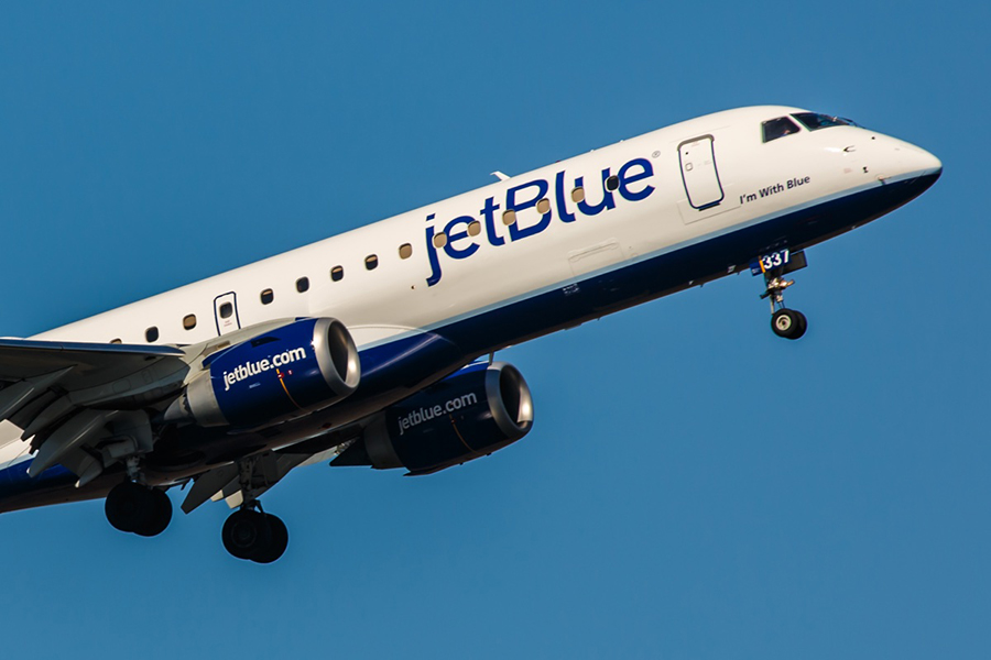 A JetBlue plane takes off