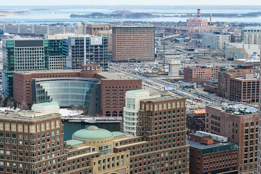 A view toward Boston's Seaport district from the Custom House observation deck.