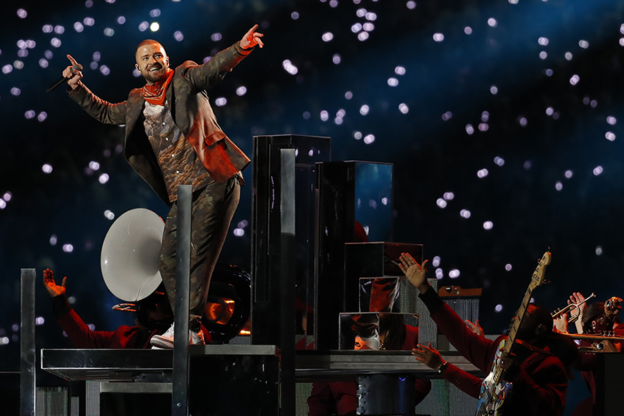 Justin Timberlake dances on state during the Super Bowl halftime show