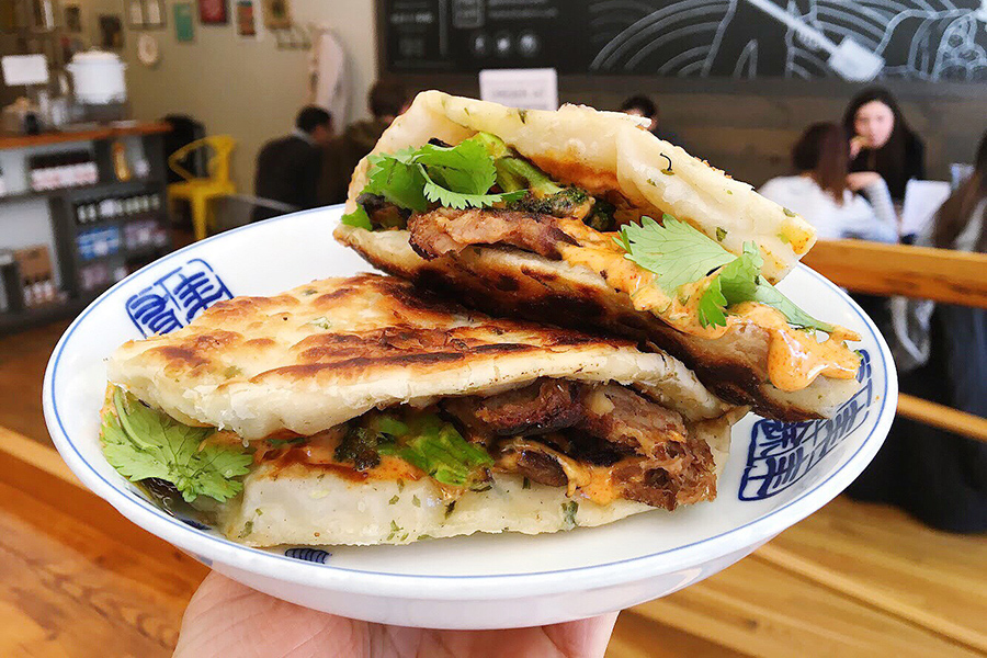 The Beef & Brocc scallion pancake sandwich at Mei Mei