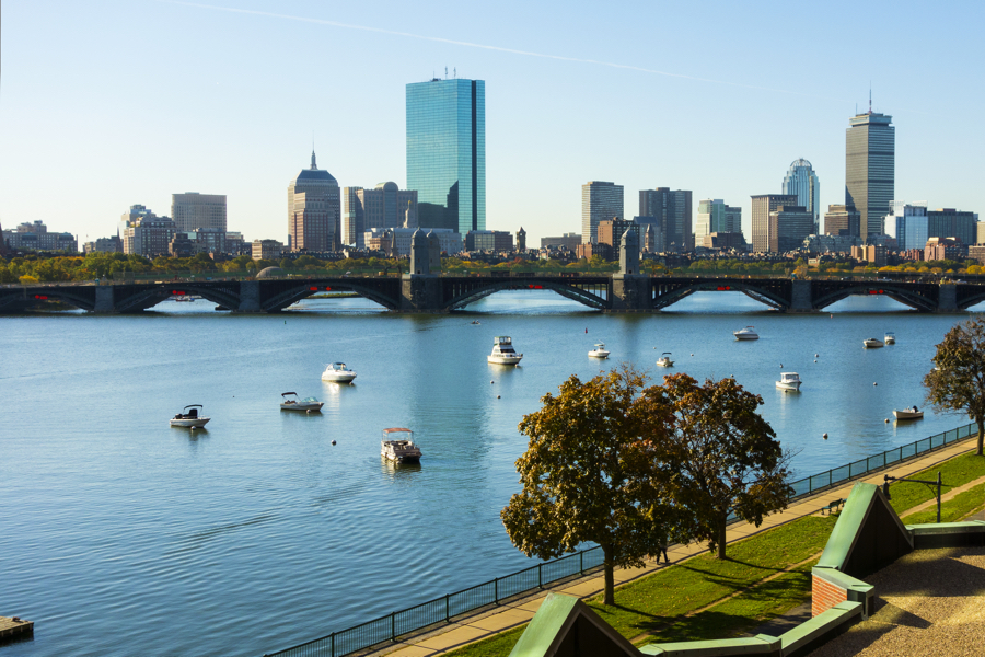 Beautiful Boston, Massachusetts, USA on a beautiful day in autumn as seen from Cambridge.