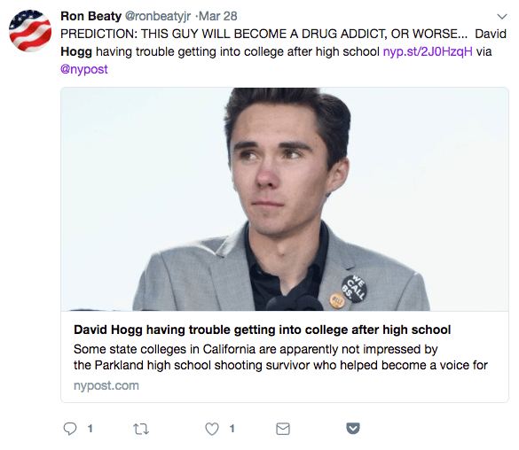 Ron Beaty's March 28 tweet criticizing David Hogg