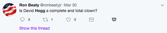 Ron Beaty's tweet asking if David Hogg is a "complete and total clown"
