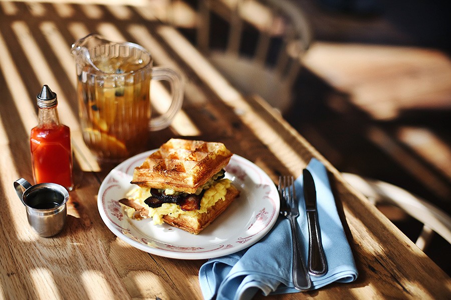 A waffle-wich and "A Pitcher of Dorian Grey" from Southern Proper's new brunch menu