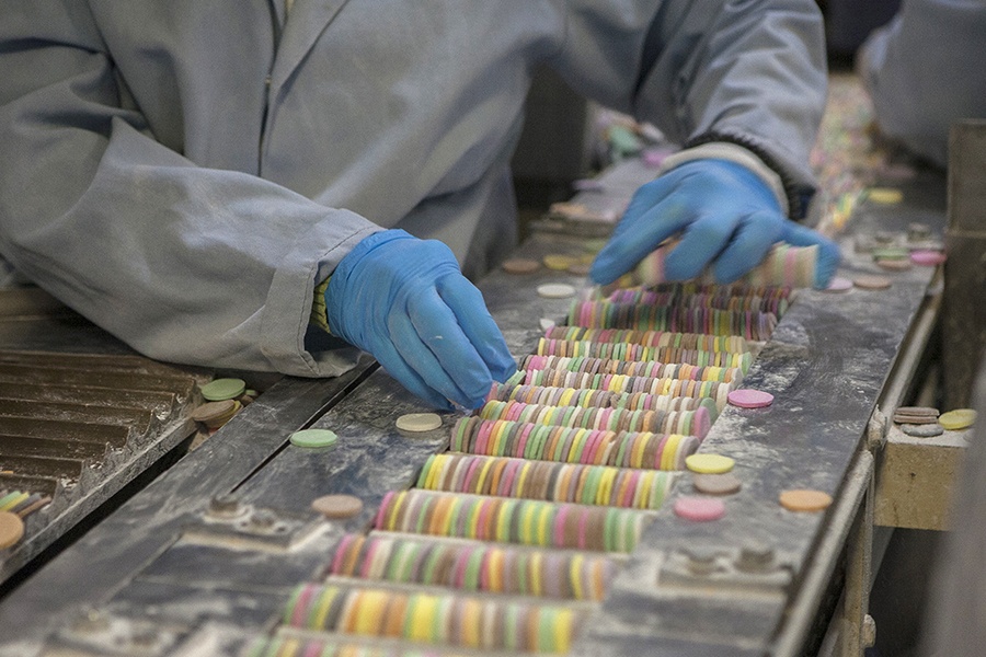 Colorful NECCO Wafers are inspected