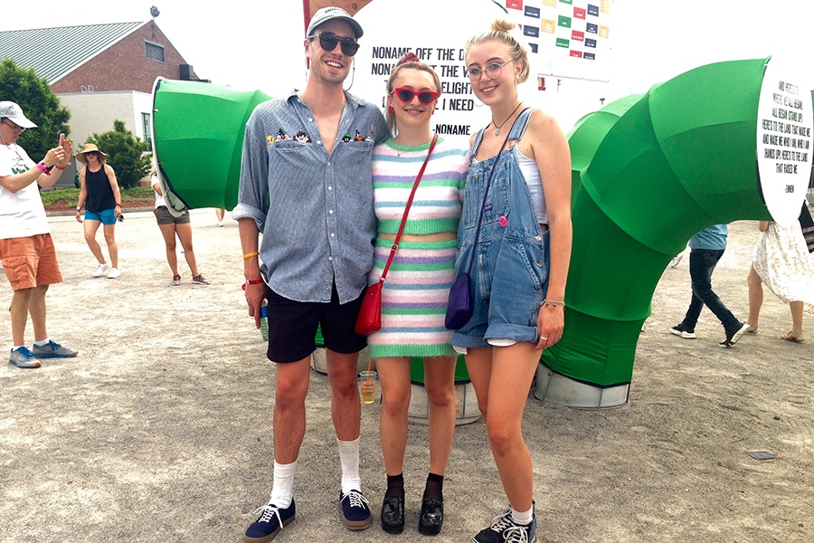 Madison Colantanio, Natalie Jacobs, and Pheobe Wessell, all 19, outside of the Boston Calling arch