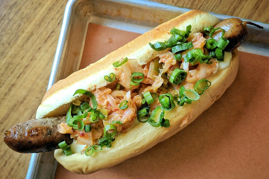 Kimchi hot dog from the new late-night menu at Little Donkey